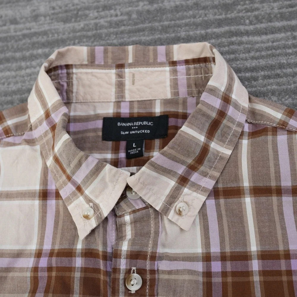 Banana Republic Shirt Men Slim Untucked Plaid Button‎ Down Brown Purple Large